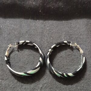 Silver Tone Black Velvet Hoop Statement Earrings